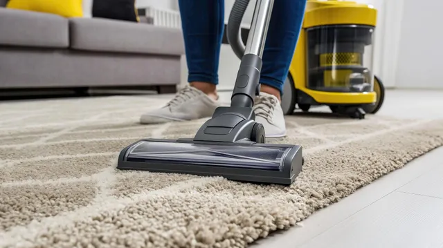 A person is using a vacuum cleaner to clean a rug in a living room.