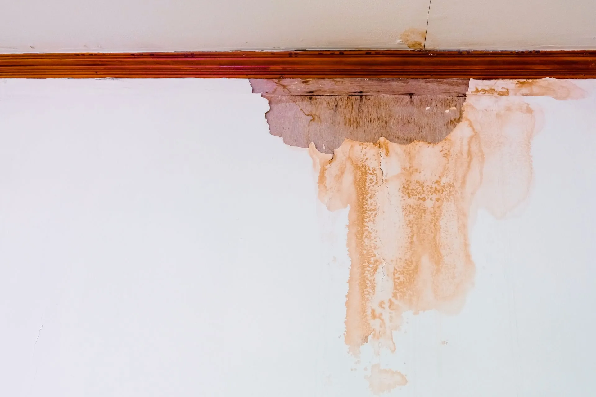 A white wall with brown stains on it and a wooden trim.